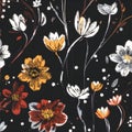 Seamless pattern with flowers on black background, vector illustration Royalty Free Stock Photo