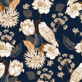 Seamless pattern with flowers. Blue vintage background.