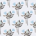 Seamless pattern with flowers bouquet silhouettes. Light background with blue botanic tulips and brown twigs. Abstract design Royalty Free Stock Photo