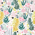 Seamless pattern with flowers, branch, leaves. Creative floral texture. Great for fabric, textile Vector Illustration