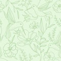 Seamless pattern with flowers, branches, leaves and birds.