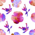 A seamless pattern with flowers and buds in pink, red and violet colors. Abstract repeat floral vivid print. Bold color concept.