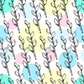 Seamless pattern with flowers,bunnies, and easter eggs on white background.