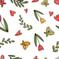 Seamless pattern flowers, butterflies and hearts Royalty Free Stock Photo