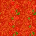 Seamless pattern with flowers, butterflies and hearts. Vitrage style.