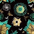 Seamless pattern flowers, butterflies, hummingbirds