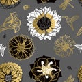 Seamless pattern flowers, butterflies, hummingbirds, dark background.