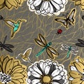 Seamless pattern flowers, butterflies, hummingbirds, dark background