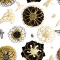 Seamless pattern flowers, butterflies, hummingbirds, dark background.