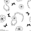 Seamless pattern of flowers of Camellia, black ribbons and beads  in the background. Good for textile, fabric, stationary, cover, Royalty Free Stock Photo