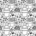 Seamless pattern with flowers and cat. Cat in a flower pot. Gardening. Springtime. Vector hand drawn Royalty Free Stock Photo