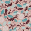 Seamless pattern with flowers and chrysanthemum leaves. Blue, brown color.