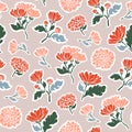 Seamless pattern with flowers and chrysanthemum leaves. Orang color.