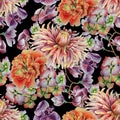 Seamless pattern with flowers. Dahlia. Marigold. Orchid. Watercolor illustration.