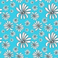 Seamless pattern with daisy flowers in doodle style, on a blue background