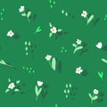 Seamless pattern with flowers, florets, sprigs, drops.Endless spring background. Blooming Backdrop. Vector illustration