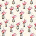 Seamless pattern with flowers in a glass jar on light background. hand made acrylic painting.