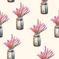 Seamless pattern with flowers in a glass jar on light background. Nice acrylic painting.