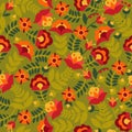 Seamless pattern with flowers in green, red, orange and yellow colors. Background with flat shapes. Texture in ethno style. Royalty Free Stock Photo