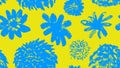 Seamless pattern flowers hand drawn blue paint. Ink drawing Chamomile, leaves, small branches. Vector monochrome artistic Royalty Free Stock Photo