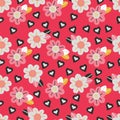 Seamless pattern with flowers and hearts. Bright pink background. Vector illustration. Royalty Free Stock Photo