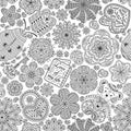 Seamless pattern with flowers, hearts, cards, bear, gift, key and ladybug. Text Love you and Love of my life.