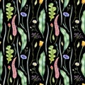 Seamless pattern with flowers and herbs on dark background. Hand drawn watercolor illustration. Royalty Free Stock Photo