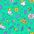 Seamless pattern with flowers and insects. Floral background wit Royalty Free Stock Photo