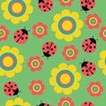 Seamless pattern with flowers and ladybirds on green Royalty Free Stock Photo