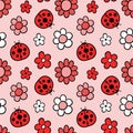 seamless pattern with flowers and ladybugs. doodle drawing. spring time. vector illustration