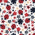Seamless pattern with flowers and ladybugs. Vector graphics Royalty Free Stock Photo