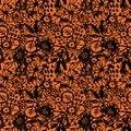 Seamless pattern flowers leaves abstract doodle hand drawn lines scandinavian style black orange background. fashion print, trend Royalty Free Stock Photo