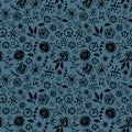 Seamless pattern flowers leaves abstract doodle hand drawn lines scandinavian style black turquoise background. fashion print, Royalty Free Stock Photo