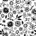 Seamless pattern flowers leaves abstract doodle hand drawn lines scandinavian style white black background. fashion print, trend Royalty Free Stock Photo