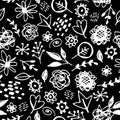 Seamless pattern flowers leaves abstract doodle hand drawn lines scandinavian style white black background. fashion print, trend Royalty Free Stock Photo