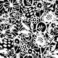 Seamless pattern flowers leaves abstract doodle hand drawn lines scandinavian style white black background. fashion print, trend Royalty Free Stock Photo