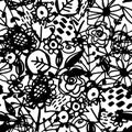 Seamless pattern flowers leaves abstract doodle hand drawn lines scandinavian style white black background. fashion print, trend Royalty Free Stock Photo
