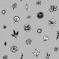 Seamless pattern flowers leaves abstract doodle hand drawn lines scandinavian style white black gray background. fashion print, Royalty Free Stock Photo