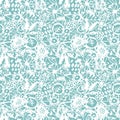 Seamless pattern flowers leaves abstract doodle hand drawn lines scandinavian style white mint blue background. fashion print, Royalty Free Stock Photo