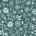 Seamless pattern flowers leaves abstract doodle hand drawn lines scandinavian style white mint teal pine background. fashion print Royalty Free Stock Photo