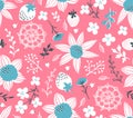 Seamless pattern with flowers, leaves, berries and lace. Endless background.