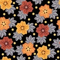 Seamless pattern with flowers and leaves on black background Royalty Free Stock Photo