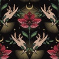Seamless pattern with flowers, leaves and female hands in the night