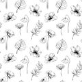 Seamless pattern of flowers, leaves, leaf, palm tree hand drawn vector sketch. Hand drawn ink floral line drawing. Wild Royalty Free Stock Photo