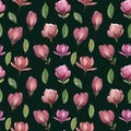 Seamless pattern of flowers and leaves of magnolia.