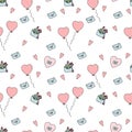 Seamless pattern with flowers and letters, hand drawn elements on white background