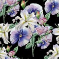 Seamless pattern with flowers. Lilia. Pansies. Rose. Watercolor illustration.