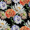 Seamless pattern with flowers. Lily. Marigold. Pansies. Watercolor illustration.