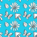 Seamless pattern with flowers, mushrooms, ladybugs and butterflies in doodle style, on a blue background