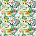 Seamless pattern Flowers, palm leaves and birds. Watercolor Tropical floral background. Wallpaper design, exotic plant Royalty Free Stock Photo